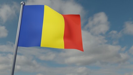3D illustration of Romania flag waving in the wind on a background with sky. 3d rendering illustration