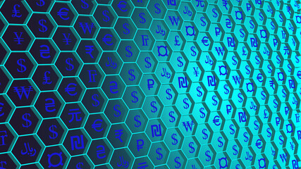 Signs of world currencies in 3d hexagonal cells. Financial bright vector cyan poster or wallpaper