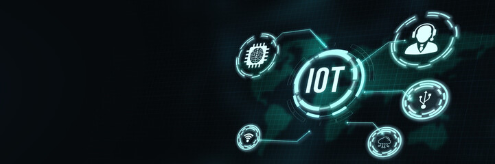 Obraz premium Internet of things - IOT concept. Businessman offer IOT products and solutions. Internet, business, Technology and network concept. 3d illustration.