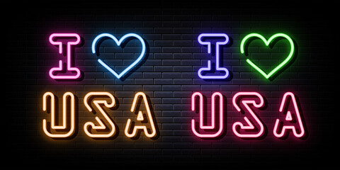 I Love USA Neon Signs Vector. Design Template Neon Style