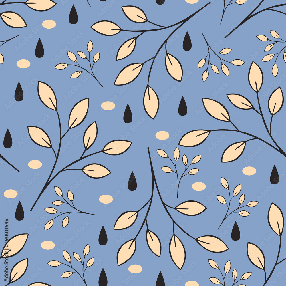 Poster floral vintage seamless pattern with elegant branches and blobs on a blue background. trendy vector 