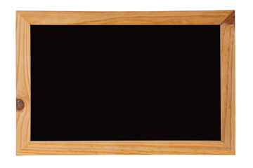 Closeup studio isolated shot of clean blank empty black screen chalkboard in wooden frame placed on white background for advertisement. School classroom lesson teaching learning studying blackboard