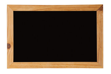 Closeup studio isolated shot of clean blank empty black screen chalkboard in wooden frame placed on white background for advertisement. School classroom lesson teaching learning studying blackboard