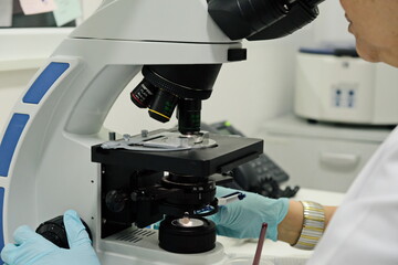 Almaty / Kazakhstan - 02.13.2019 : Artificial insemination clinic. Embryologists perform tests with...