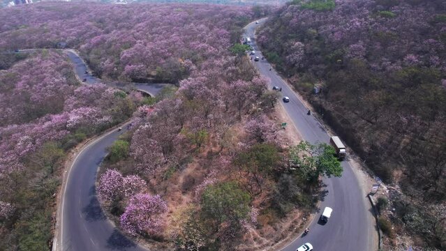 Aerial view of the Pune Bangalore highway at Katraj ghat near Pune India.