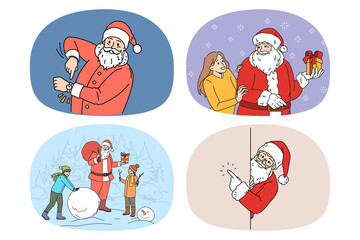 Set of smiling Santa Claus congratulate greet with New Year celebration. Collection of happy father Christmas celebrate winter holidays. Merry vacations. Flat vector illustration. 