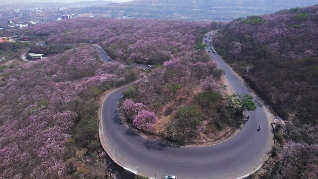Aerial view of the Pune Bangalore highway at Katraj ghat near Pune India.