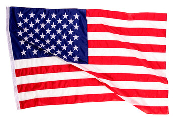 Fototapeta premium Closeup studio isolated top view shot of pride patriotism blue and red striped star American nation USA United States of America country national fabric clothing unity flag placed on white background