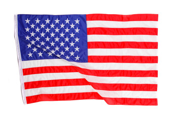 Closeup studio isolated top view shot of pride patriotism blue and red striped star American nation USA United States of America country national fabric clothing unity flag placed on white background