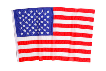 Closeup studio isolated top view shot of pride patriotism blue and red striped star American nation USA United States of America country national fabric clothing unity flag placed on white background