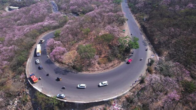 Aerial view of the Pune Bangalore highway at Katraj ghat near Pune India.