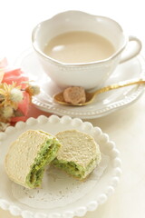 Green tea biscuit for gourmet dessert image with milk tea