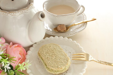 Green tea biscuit for gourmet dessert image with milk tea