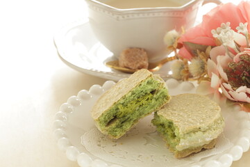 Green tea biscuit for gourmet dessert image with milk tea