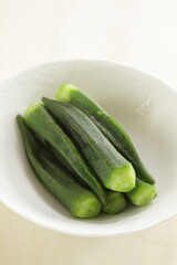Healthy food, boiled Okra for healthy asian salad with copy space
