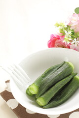 Healthy food, boiled Okra for healthy asian salad with copy space