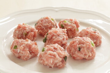 Homemade pork and green onion meat ball in Chinese style