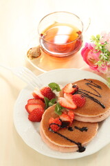 Homemade strawberries and pancake in pink color for cafe food 