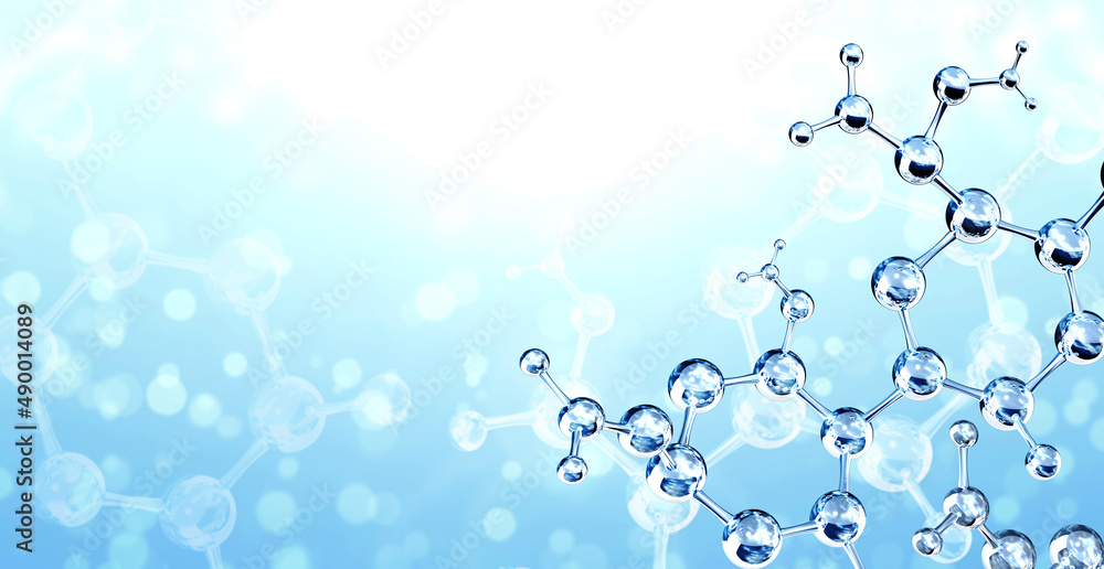 Wall mural horizontal banner with model of abstract molecular structure. background of blue color with glass mo