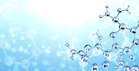 Horizontal banner with model of abstract molecular structure. Background of blue color with glass molecule and sparks