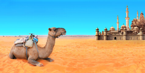 Horizontal banner with camel and fabulous lost city in the desert. Fantastic oriental town in the...