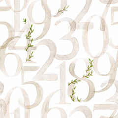 Beautiful seamless pattern with watercolor hand drawn numbers. Stock illustration.