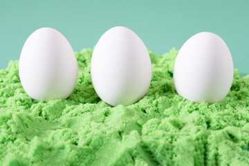 White reptile or bird eggs on green sand