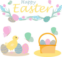 A set of vector illustrations of Easter eggs, chicken, butterflies, basket with eggs. The inscription 