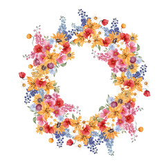 Watercolor wreath with sunny flowers, wildflower ans herbs, isolated on white background
