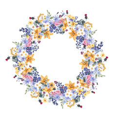 Watercolor wreath with sunny flowers, wildflower ans herbs, isolated on white background
