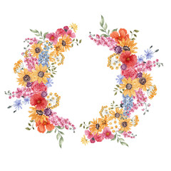 Watercolor wreath with sunny flowers, wildflower ans herbs, isolated on white background