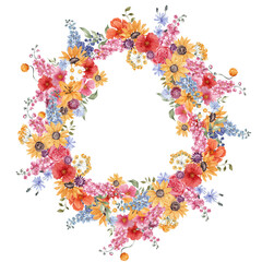 Watercolor wreath with sunny flowers, wildflower ans herbs, isolated on white background