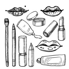  lip cosmetics sketches set of vector illustrations isolated on white background