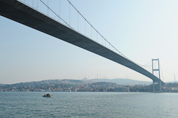 Istanbul / Turkey - 02.28.2017 : Coastal zone and architecture of the Bosphorus Strait. A bridge connecting Europe and Asia.