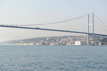Istanbul / Turkey - 02.28.2017 : Coastal zone and architecture of the Bosphorus Strait. A bridge connecting Europe and Asia.