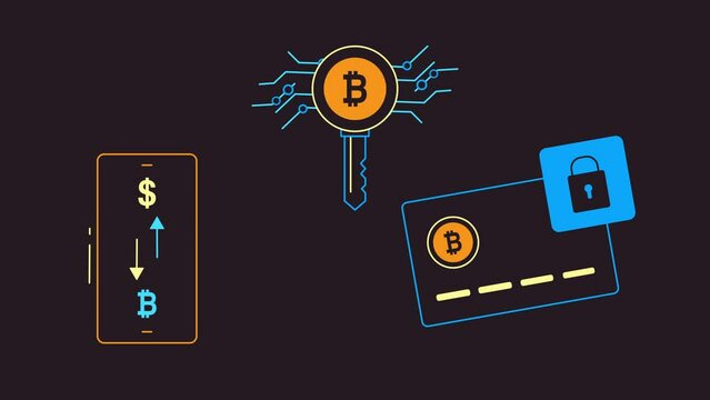 4k video of cryptocurrency icons on black background.