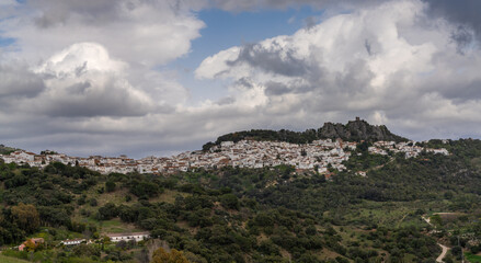 panorama view of the idyllic whitewashed Andalusian town of Gaucin in the Sierra del Hacho mountains