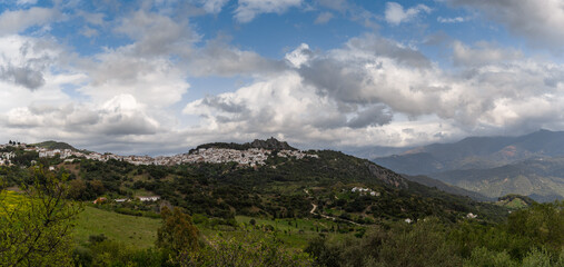 Fototapeta na wymiar panorama view of the idyllic whitewashed Andalusian town of Gaucin in the Sierra del Hacho mountains