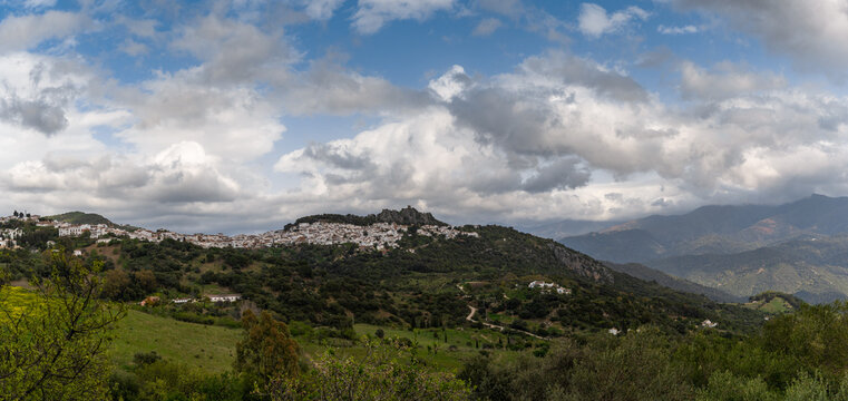 panorama view of the idyllic whitewashed Andalusian town of Gaucin in the Sierra del Hacho mountains