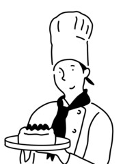 ホールのショートケーキを持っているパティシエの女性。