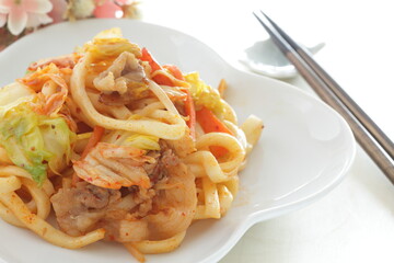 Homemade Korean Kimchi Fried  Udon noodles 