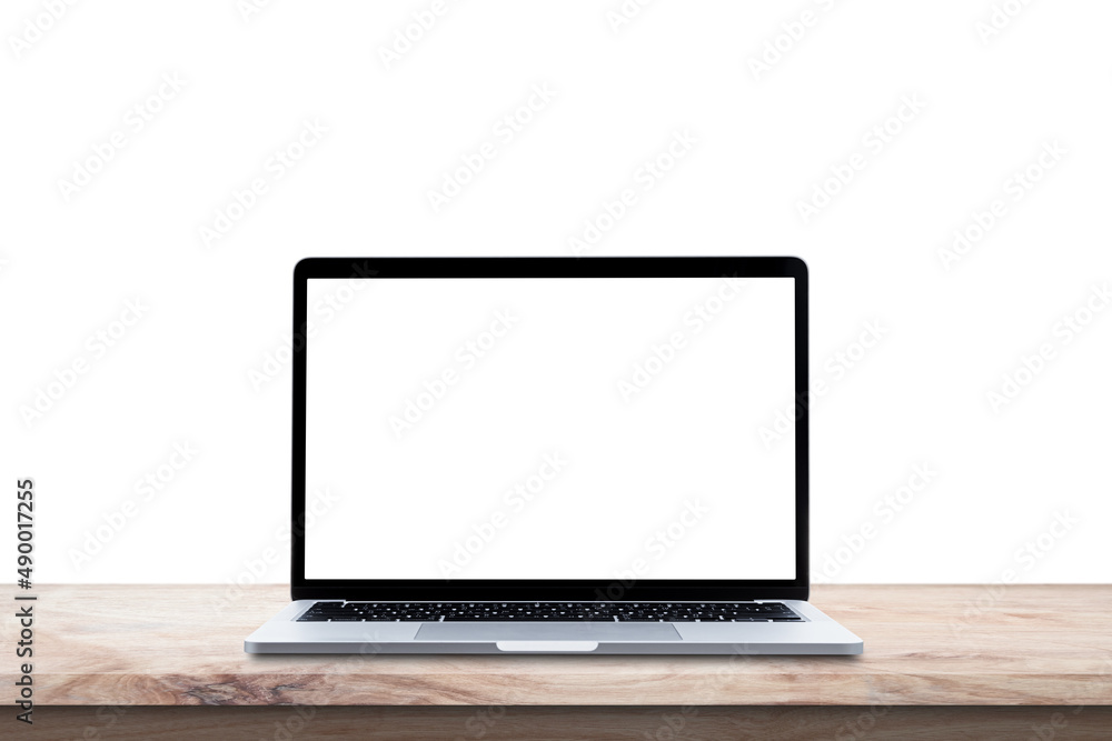 Canvas Prints modern laptop computer with blank screen on wood table isolated on white background.