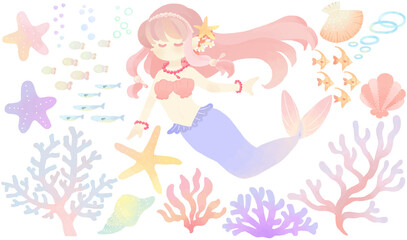 メルヘンな人魚姫とマリンイラストセット 2