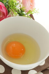 raw egg in white bowl with copy space