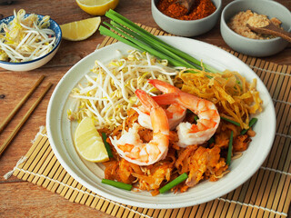 Authentic pad thai noodle with shrimp, a traditional thai food.