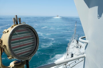 Aktau / Kazakhstan - 08.16.2018 : Technical searchlight on a warship