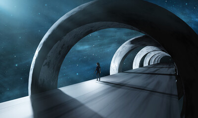 Woman standing in subway tunnel looking to outer space with nebula sky. Transportation, futuristic architecture concept, 3D illustration