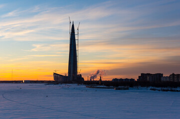 Panoramic view of Lakhta Center and the Finnish Gulf