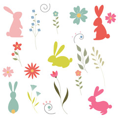 Fototapeta na wymiar Happy easter set with easter bunny and flowers. Vector.