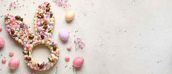 Beautiful cake for Easter celebration on light background with space for text